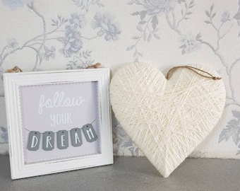 Cream love hanging heart, neutral decor, 7th anniversary gift, neutral nursery, country home decor, heart gift, minamlist decor, wall art