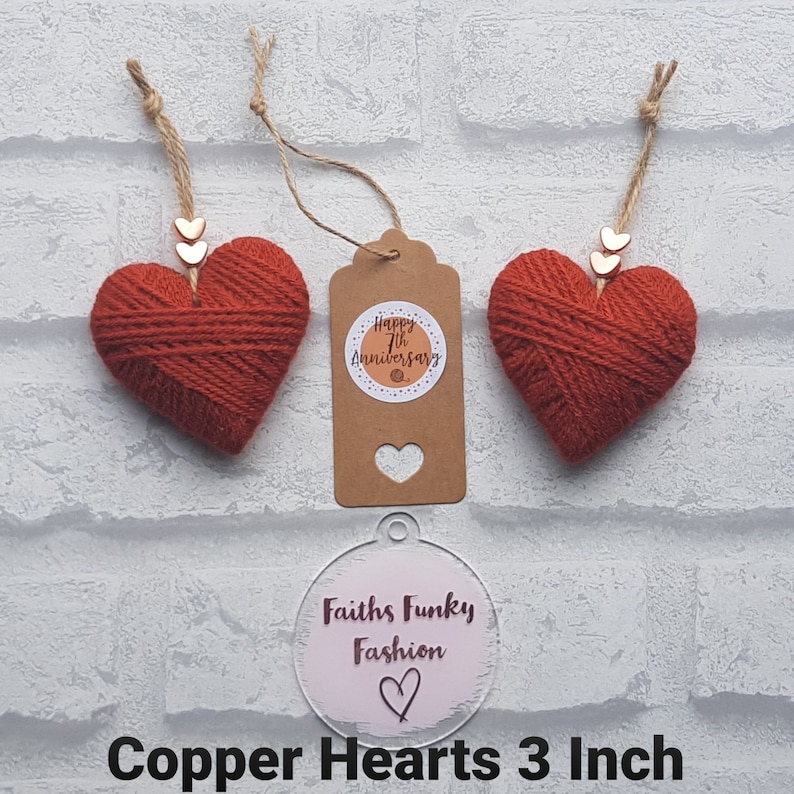 Keepsake 7th wedding anniversary wool and copper hanging heart decoration, car, rustic, unique gift, knitters gift, birthday, mothers day image 3