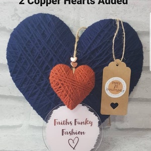 Keepsake 7th wedding anniversary wool and copper hanging heart decoration, car, rustic, unique gift, knitters gift, birthday, mothers day image 4