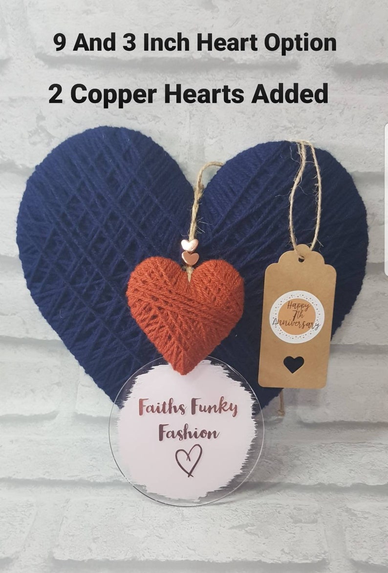 Keepsake 7th wedding anniversary wool and copper hanging heart decoration, car, rustic, unique gift, knitters gift, birthday, mothers day image 4