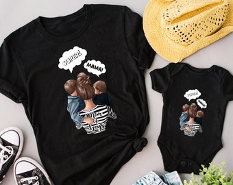 Mamá de 2 niños camiseta madre de dos niños camisetas Mamá de niños traje Mamá e hijo camiseta Madres día idea de regalo Día de la madre camisetas a juego