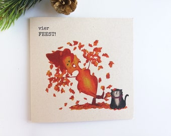 Greeting Card Celebrate Party 'Leaf & Cat' NOW WITH GIFT - folded card with envelope, greeting card illustration, congratulations, congratulations