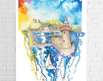 Howth Harbour Lighthouse, Dublin,  watercolour fine art print