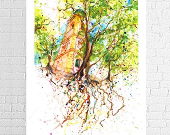 The Roman Tower and magical tree roots, St. Anne's Park, Clontarf, Dublin watercolour fine art print