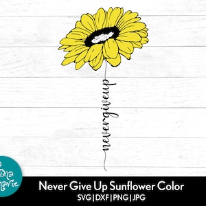 Peut inclure: Illustration d'un tournesol jaune avec un centre noir et l'inscription "nevergiveup" en écriture cursive. Le motif est sur un fond blanc à effet bois. Le texte "Never Give Up Sunflower Color" est également présent.