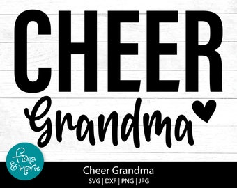 May include: Black and white graphic design with the text "Cheer Grandma" and a small heart.