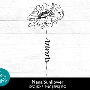 Puede incluir: Ilustración en blanco y negro de línea de arte de un girasol con la palabra "nana" escrita verticalmente hacia abajo del tallo.