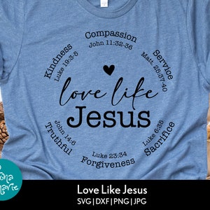 May include: A blue t-shirt with the words "Love Like Jesus" in a circle with bible verses and the words "Kindness", "Compassion", "Service", "Truthful", "Forgiveness", "Sacrifice" around the circle.
