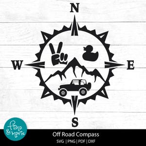 May include: Black and white Off Road Compass design with a peace sign, duck, mountains, and a jeep. The compass points to North, South, East, and West. The text "Off Road Compass" is below the compass.