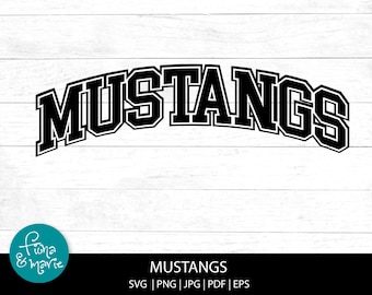 May include: Black and white graphic design of the word "MUSTANGS" in a bold, blocky font. The text is arched and has a vintage sports team feel.