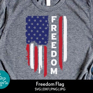 May include: A gray t-shirt with a distressed American flag design and the word "FREEDOM" printed vertically. The design is in red, white, and blue.