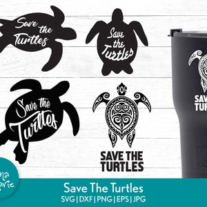 May include: A set of five black and white digital cut files featuring a turtle design with the text "Save the Turtles". The files are available in SVG, DXF, PNG, EPS, and JPG formats.