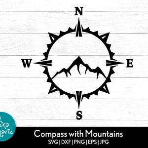 Compass with Mountains SVG PNG Adventure Cut File Outdoor Hiking Mountain Compass PNG Cricut Silhouette Digital Download