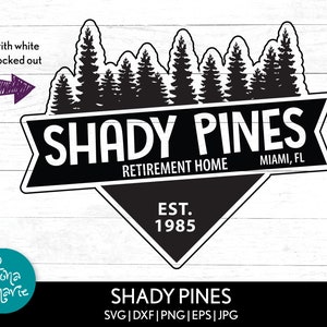 May include: Black and white logo design for Shady Pines Retirement Home, featuring a stylized image of pine trees and the text "Shady Pines Retirement Home, Est. 1985, Miami, FL".