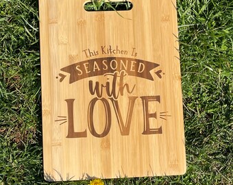 Personalized engraved Bamboo cutting board farm house design