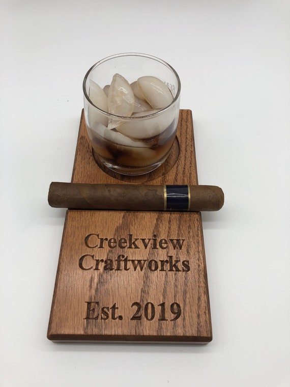 Bourbon Whiskey Cigar Coaster carved from Red Oak. Perfect gift for bourbon whiskey and cigar lover.  Groomsman gift engraveable.
