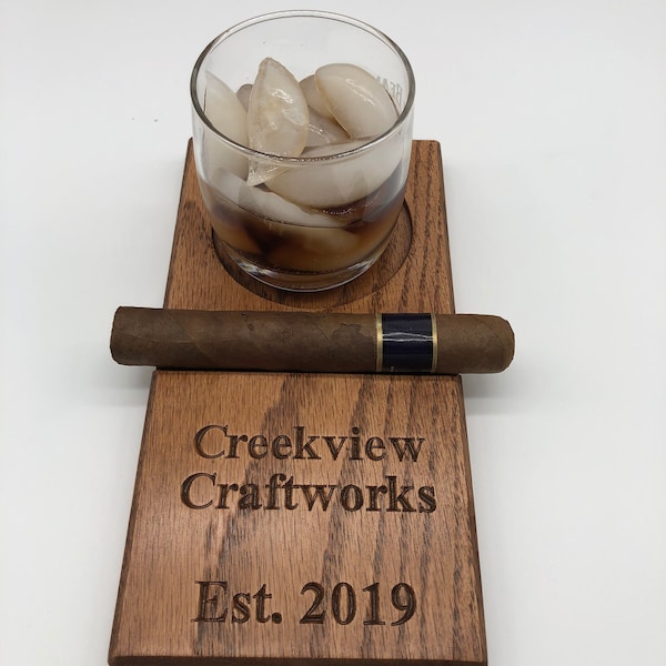 Bourbon Whiskey Cigar Coaster carved from Red Oak. Perfect gift for bourbon whiskey and cigar lover.  Groomsman gift engraveable.