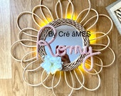 Bright rattan mirror to customize with a word or first name gift deco room girl