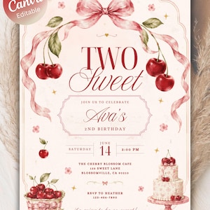 May include: A blush-toned birthday invitation with a watercolor design. The text "Two Sweet" is displayed above the name "Ava's" and event details. Cherries, ribbons, and a cake decorate the invitation.