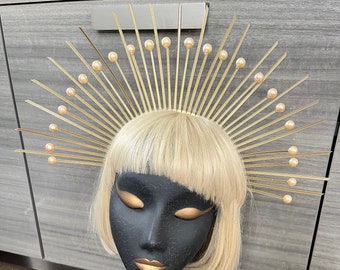 Halo Crown Sunburst Tiara Gold & Pearl Embellished Headpiece - Star Shape Festival Crown - Gold Tiara Halo Headband Hair Accessory