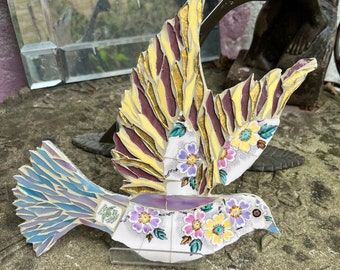 Mosaic Dove made with floral Tuscan china
