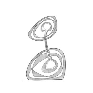 May include: Abstract line art design featuring two overlapping circles, one above the other, joined by a line. The circles are formed from multiple concentric circles.