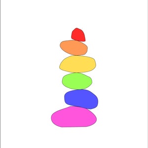 May include: A stack of six colourful stones, starting with a red stone at the top and ending with a pink stone at the bottom. The stones are arranged in a rainbow pattern, with each stone a different colour.