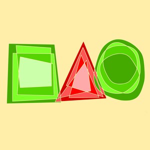 Puede incluir: Formas geométricas abstractas en verde, rojo y rosa. Las formas se superponen, creando un diseño visualmente interesante.