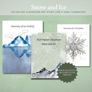 May include: A printable educational resource for preschool and early elementary students about snow and ice. The resource includes two worksheets, one on the anatomy of an iceberg and the other on the anatomy of a snowflake. Both worksheets feature watercolor illustrations.