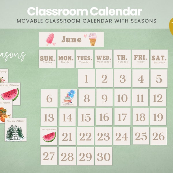 Classroom Calendar Display | Moveable Calendar | Neutral Design | Modern Classroom Decor | Classroom Pocket Chart Inserts