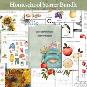 May include: A colorful homeschool starter bundle with worksheets for preschool and elementary school. The worksheets feature images of sunflowers, apples, penguins, and other objects. The text "HLH Homeschool Starter Bundle" is visible on the cover.