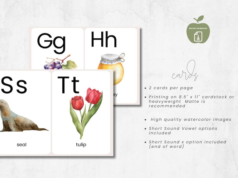 Peut inclure: Cartes de lettres imprimables avec des illustrations &agrave; l'aquarelle d'un bouquet de raisin, un pot de miel, un phoque et une tulipe. Chaque carte comprend la lettre et un mot pour l'image. Le texte "2 cartes par page" est visible sur le c&ocirc;t&eacute; droit de l'image.