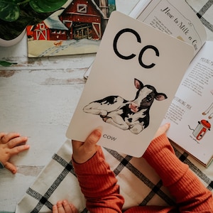 Peut inclure: Un enfant tient une carte blanche avec la lettre C et une illustration en noir et blanc d'une vache. Le texte "COW" est imprim&eacute; sous l'illustration. L'enfant porte une chemise &agrave; manches longues rouge. La carte est pos&eacute;e sur un livre intitul&eacute; "How to Milk a Cow".