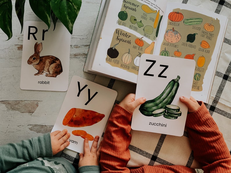 Peut inclure: Trois cartes de lettres avec des illustrations. La premi&egrave;re carte montre la lettre R et un lapin brun avec le mot "lapin" en dessous. La deuxi&egrave;me carte montre la lettre Y et un igname brun avec le mot "igname" en dessous. La troisi&egrave;me carte montre la lettre Z et une courgette verte avec le mot "courgette" en dessous.