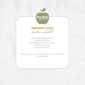 Peut inclure: Un ensemble de cartes d'alphabet imprimables pour l'&eacute;cole &agrave; la maison. Les cartes pr&eacute;sentent des illustrations &agrave; l'aquarelle inspir&eacute;es de la nature. Le texte indique "Hey Linds homeschool Alphabet Cards what is included 26 Moveable Alphabet Cards Inspired by Nature High Quality Watercolor Images Hands on learning Instant Download Printing on 8.7" x 11" heavy weight matte or cardstock is recommended".