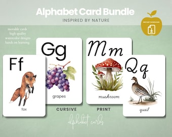 Cartes alphabet nature : cartes mémoire cursives et imprimées (téléchargement numérique)