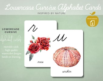 Cartes d'alphabet cursives minuscules | Inspiré de la nature | Alphabet mobile | Flashcards cursives | Maternelle - Primaire | Écriture cursive