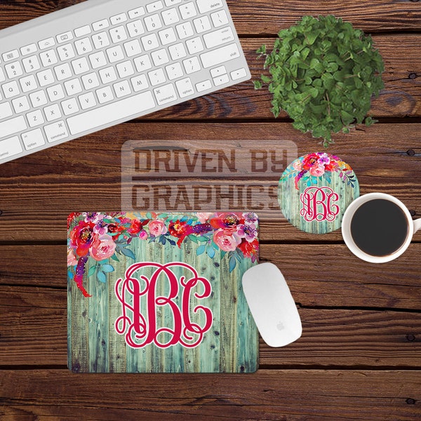 Floral Turquoise Wooden Look Mousepad and Drink Coaster Desk Set