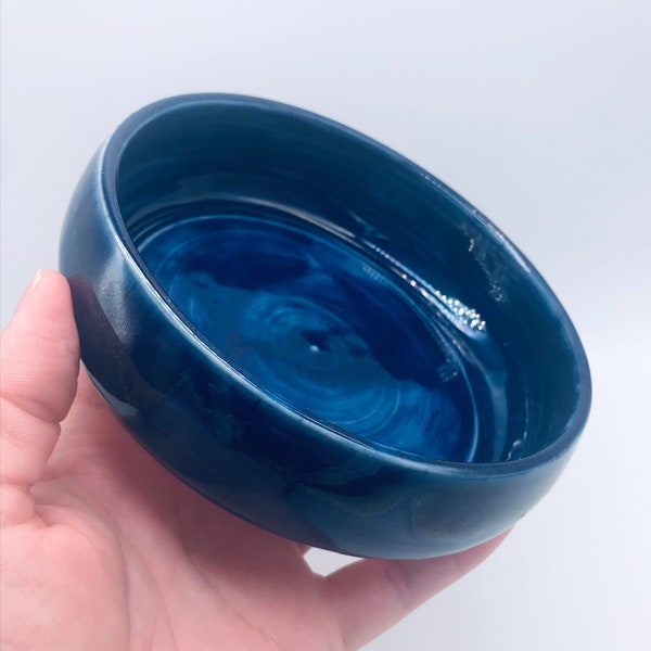 Vintage Handmade Wheel Thrown Studio Art Blue Pottery Trinket Bowl with Drip Glaze