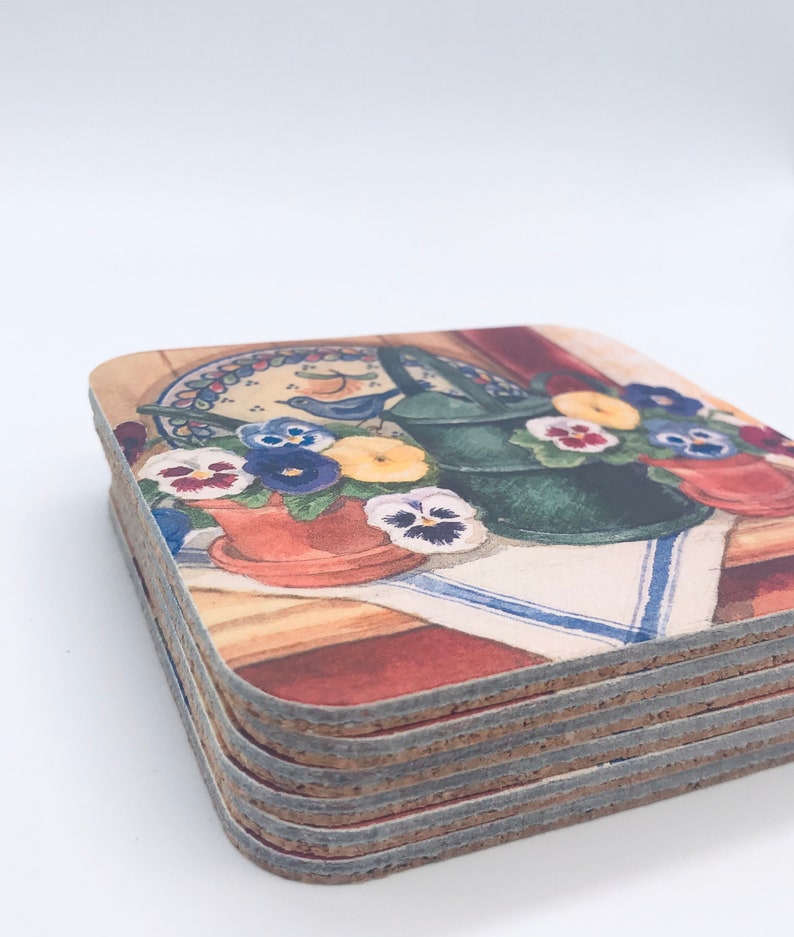 Set of 6 Coasters with Blue Bird /& Flowers Blue Bird Coasters Flower Pot Coasters Vintage Blue Bird Coasters Vintage Flower Coasters
