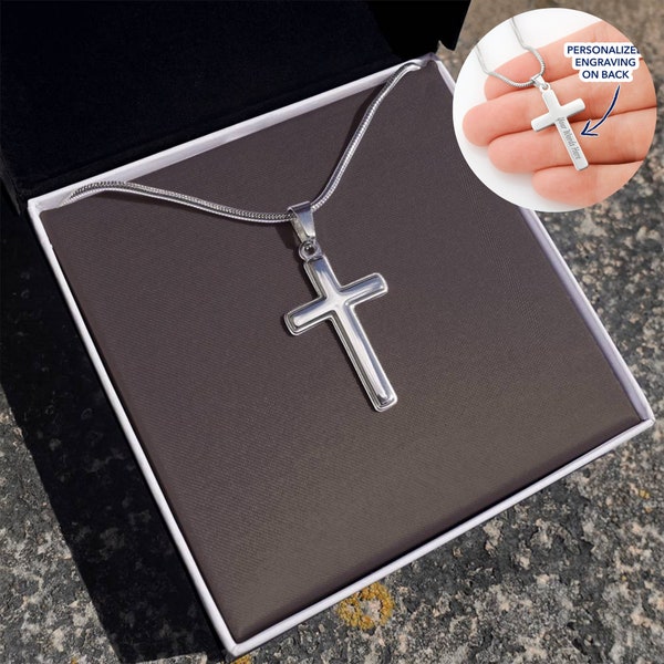 Personalized  Cross Necklace Men Teen Boys, Custom Engraved Silver White Gold Unique Jewelry Pendant Baptism Catholic Christian Graduation