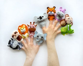 finger puppets for kid, felt animal puppet set for babies with crocodile, monkey, hippo, tiger, koala, zebra, sloth, lion, giraffe, elephant