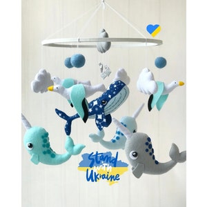 Ocean baby mobile with blue whale and narwhals , ocean nursery , narwhal mobile