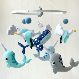 baby mobile felt ocean mobile , whale mobile with narwhals and and seagulls , under the sea mobile , crib mobile image 1