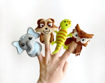 finger puppet set with safari, woodland animals elephant, meerkat, owl, lizard, hand finger puppet for kid, new baby toys gift personalized