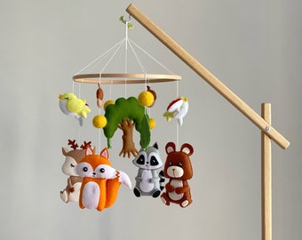 woodland nursery baby mobile neutral for crib, woodland baby shower gift for pregnant, forest baby crib  bear mobile, newborn gift baby boy