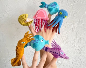 Ensemble de marionnettes à doigt océan tacaud poisson, marionnette à doigt pieuvre, marionnettes à doigt pour enfants, chambre d'enfant océan, cadeau de baby shower océan pour bébé mer