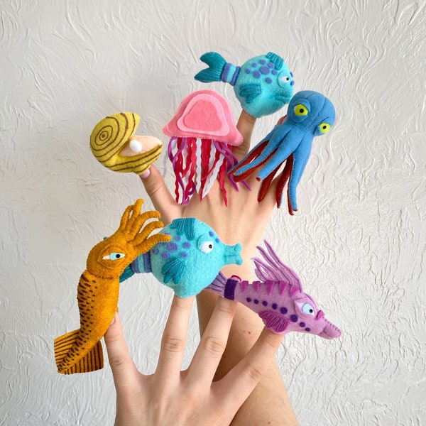 ocean finger puppet set Pout Pout Fish, octopus finger puppet, finger puppets for kids, ocean nursery, ocean baby shower gift for baby sea