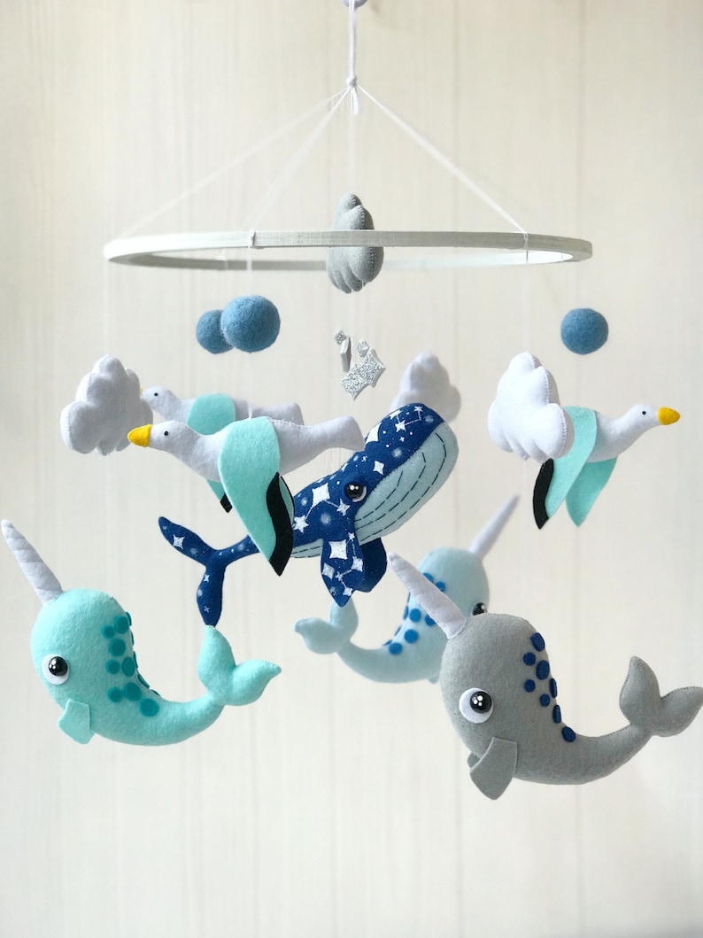 baby mobile felt ocean mobile , whale mobile with narwhals and and seagulls , under the sea mobile , crib mobile image 1