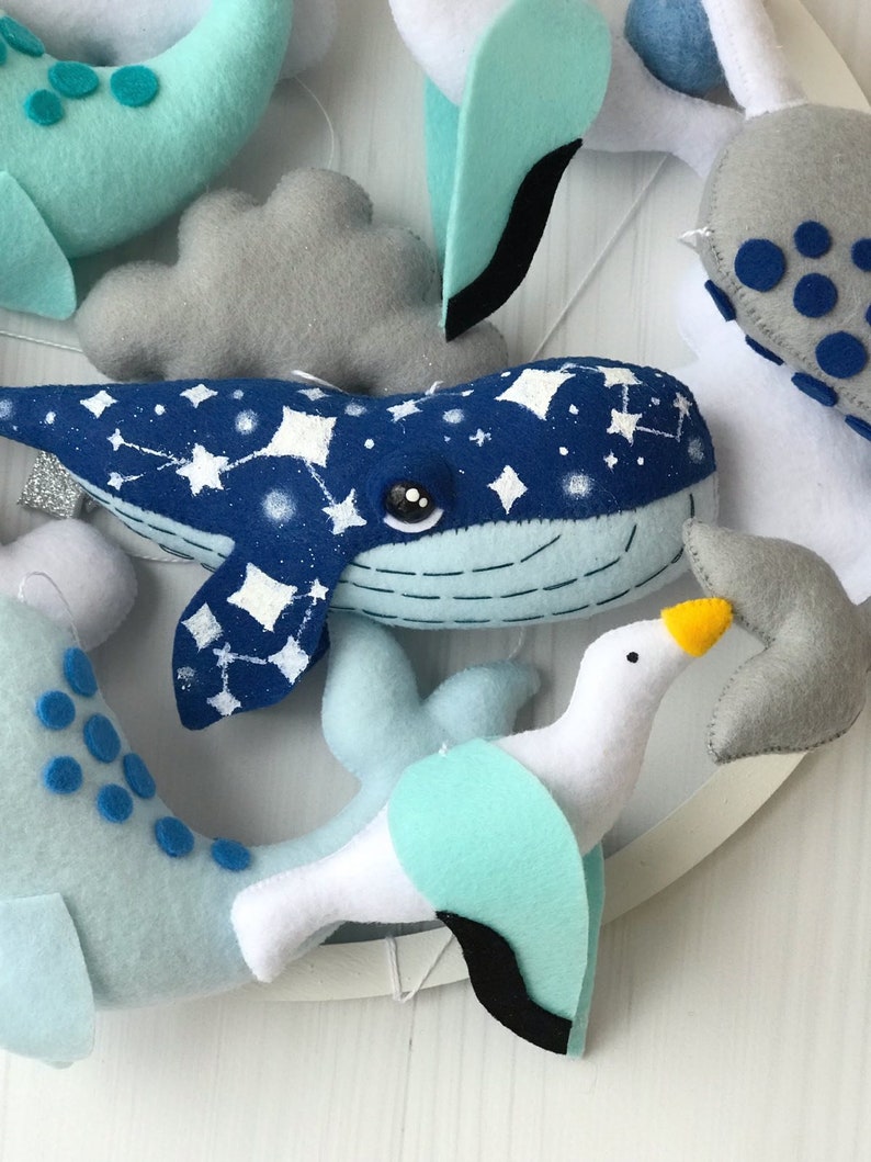 baby mobile felt ocean mobile , whale mobile with narwhals and and seagulls , under the sea mobile , crib mobile image 7